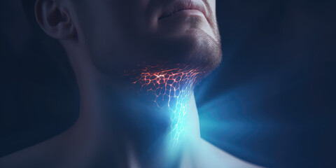 Sore throat, 3d rendering illustration style, throbbing sore throat and neck. Copy space, horizontal wallpaper.