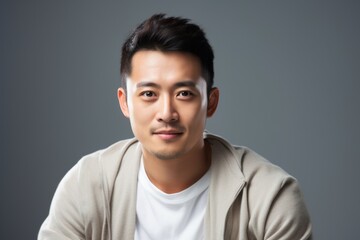 Fototapeta premium Portrait of young handsome asian man on grey background, studio shot