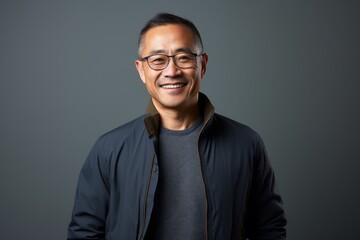 Portrait of smiling asian man with eyeglasses against grey background