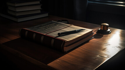 Justice and legal book on wooden table.