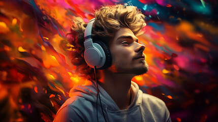 Guy listening to music in headphones. Abstract colorful background. Made with Generative AI.