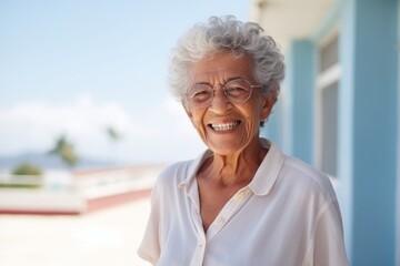 Fototapeta na wymiar Portrait of smiling senior woman standing outside on terrace of house