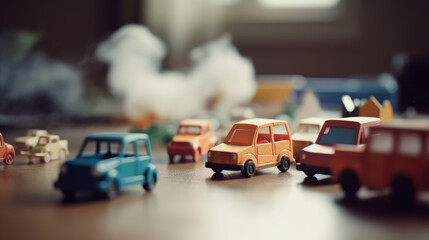 Kids paper car and traffic fumes - CO2 carbone dioxide control concept. - obrazy, fototapety, plakaty