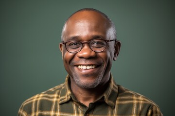 Portrait of a smiling black man with eyeglasses against green background