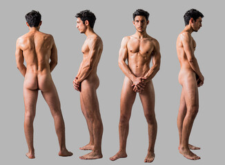 Four views of athletic shirtless young man: back, front and profile shot