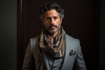 Portrait of a handsome Indian man in a grey suit and scarf.