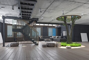 Modern loft interior with the tree inside.