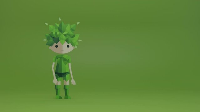 Green boy animation on green background, gesture, clean planet, ecology concept  development of sustainability, 2d animation, cartoon character