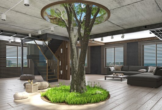 Modern loft interior with the tree inside.