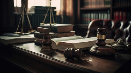 law and justice is represented by a mallet gavel of the judge, scales of justice, and books.