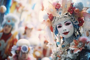 A vibrant scene of a carnival procession with people wearing carnival costume