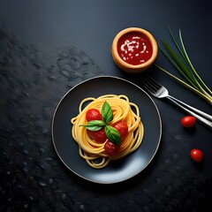 pasta with tomato sauce and basil garneted by AI