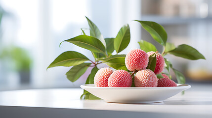Lychees on a plate in a modern kitchen. The Essence of Nature's Bounty: Exploring the Sweet and Nutritious World of Lychees . High Resolution