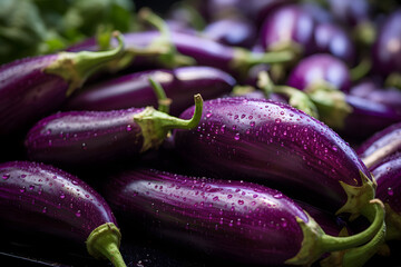 Photo of a vibrant pile of purple eggplants on a wooden table