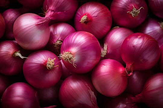Photo of a vibrant stack of red onions