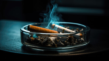 lit cigarette on full ashtray isolated.