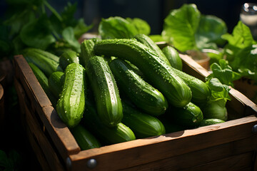 Photo of a box filled with fresh cucumbers and leafy greens