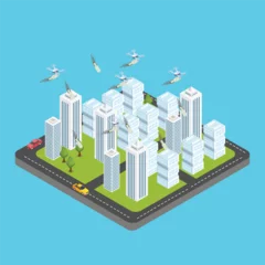 Fotobehang Zeegroen Drones delivery bombs and bombardment of city buildings isometric 3d vector concept for banner, website, illustration, landing page, etc  © Creativa Images