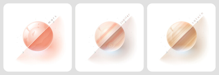 Fototapeta premium Glass modern mars, jupiter and saturn planets for web design and posters with diagonal line and title on white background, series of sets of 3 objects.