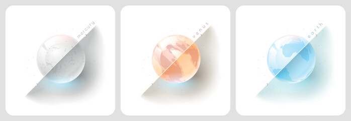 Glass modern mercury, venus and earth planets for web design and posters with diagonal line and title on white background, series of sets of 3 objects. © artinsxxx