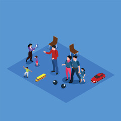 Parents taking their kids to the first day at school isometric 3d vector concept for banner, website, illustration, landing page, etc