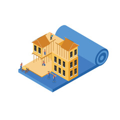 Fototapeta premium Builders constructing residential house isometric 3d vector concept for banner, website, illustration, landing page, etc