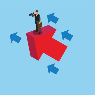Businessman vision and target, Business man holding telescope standing on red arrow up go to success isometric 3d vector concept for banner, website, illustration, landing page, etc
