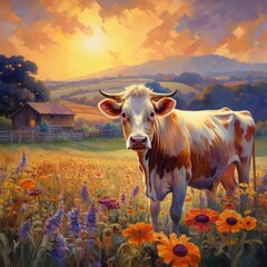 A cow peacefully grazing in a field full of wildflowers.