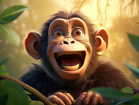 a cute and happy chimpanse with eyes wide open in cartoon style