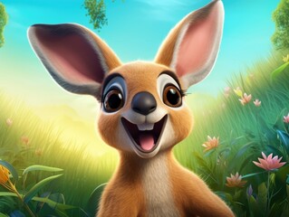 a cute and happy kangaroo with eyes wide open in cartoon style