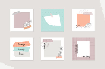 Cute templates for social media posts about fashion and beauty. Colorful retro layouts with floral elements and torn paper texture