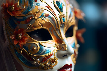 person wearing a beautifully decorated carnival mask - obrazy, fototapety, plakaty