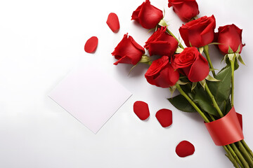 Flat lay of a bouquet of red roses with a love note paper