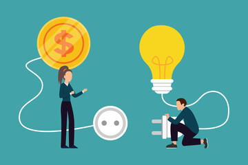 Connecting Dollar and light bulb - Financial support for startup and company 2d vector illustration concept for banner, website, landing page, flyer, etc