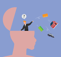 Man throw away house, car, money, gold from a head for simple living 2d vector illustration concept for banner, website, landing page, flyer, etc