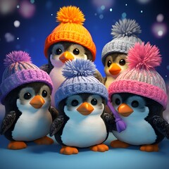 Fototapeta premium Five penguins as mannequins with knitted woolen caps for winter season.