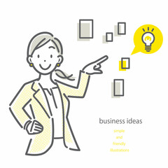 アイデアを提案するビジネスウーマン　シンプルでお洒落な線画イラスト