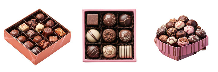 Delicious chocolate pralines in a box on a transparent background