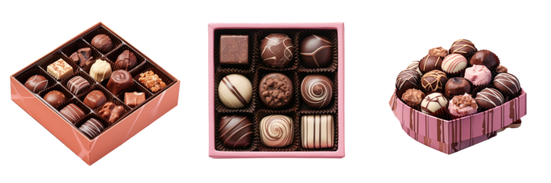 Delicious chocolate pralines in a box on a transparent background