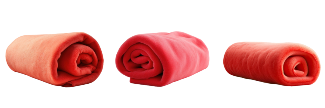 Red coral fleece throw isolated on transparent background rolled up for comfort