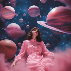 a girl floating in space with pink planets