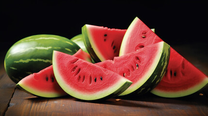 Slices of ripe watermelon on wooden table, closeup