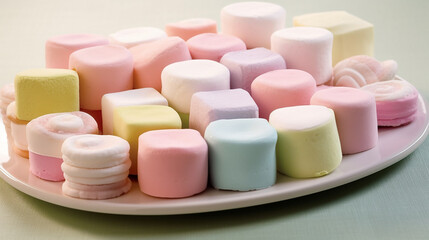 Obraz na płótnie Canvas Colorful marshmallows on a white plate, close-up