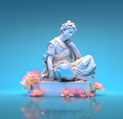 An example of a Greek white marble statue, sitting on a plinth, pensive and touching her lush hair and looking at pink pastel flowers, light blue sky background.