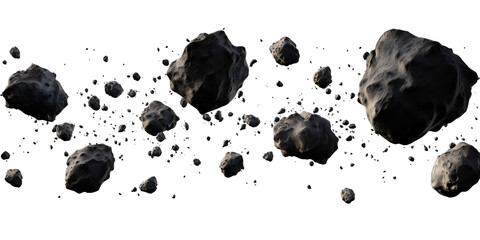 Swarm of asteroids. Many meteorites are flying. Meteor shower. Isolated on a transparent background. - obrazy, fototapety, plakaty