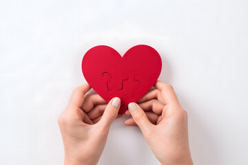 Top view of a couples hands holding a heart shaped puzzle