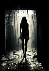 Lonely Girl stands in dark room, in-front of door light, dramatic light, horror movie poster © beshoy