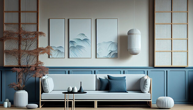 Japandi minimalist living room with frame mockup in white and blue tones. sofa, rattan furniture, and wallpaper. design of a farmhouse interior Ai generated image