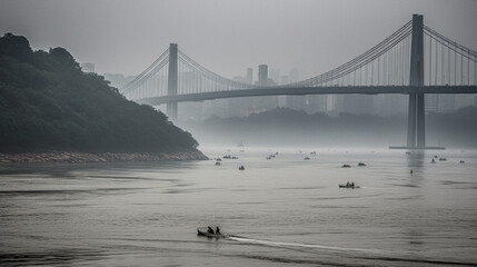 fogging river during a rainy afternoon in the middle of summer. Generative AI