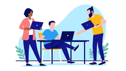 Computer workers - Team of three people working in office on laptops, talking and discussing technology. Flat design vector illustration with white background